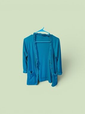 159–New York & Company Teal Open-Front Ruffle Cardigan